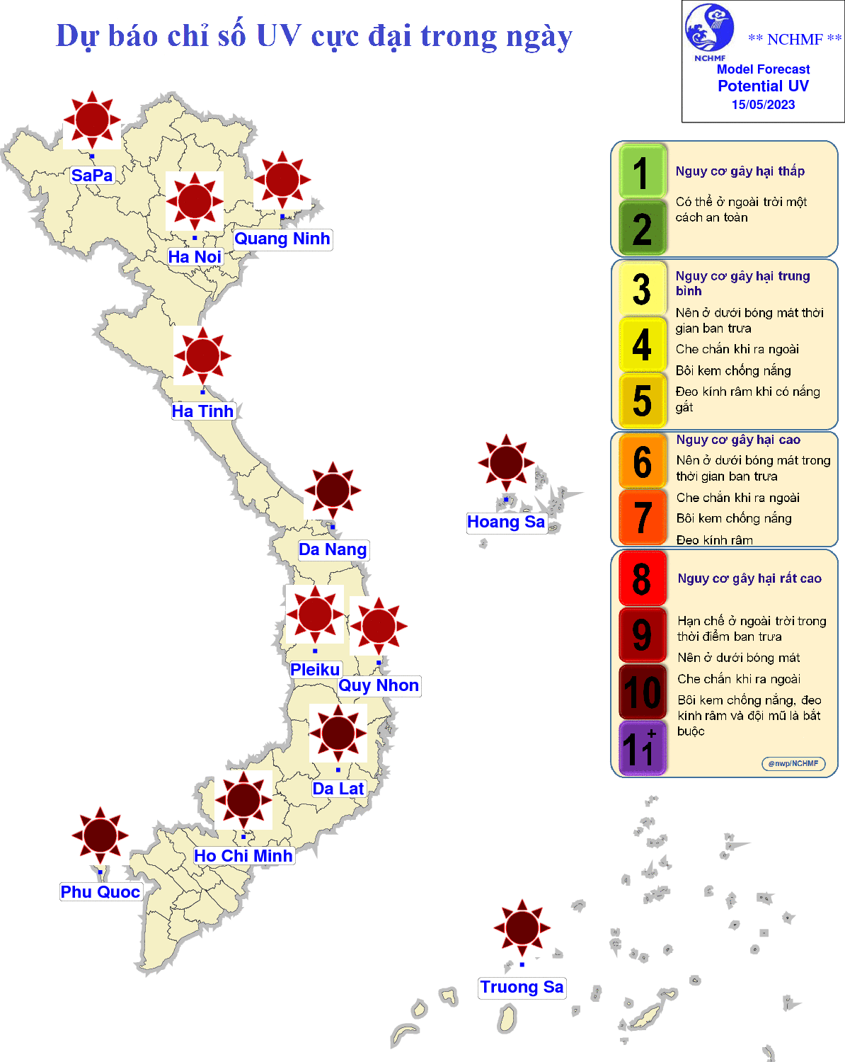 Dự báo chỉ số UV cực đại trong ngày 15/5. Nguồn: Trung tâm dự báo khí tượng thủy văn Quốc gia Dự báo chỉ số UV cực đại trong ngày 15/5. Nguồn: Trung tâm dự báo khí tượng thủy văn Quốc gia