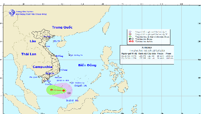 Hướng di chuyển và vị trí của áp thấp nhiệt đới. Ảnh: Trung tâm Dự báo khí tượng thủy văn TƯ.