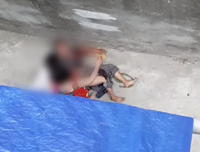 Nạn nhân bị con chó lao vào cắn, xé rách quần áo, nằm quằn quại dưới giữa đường (Ảnh chụp màn hình). 