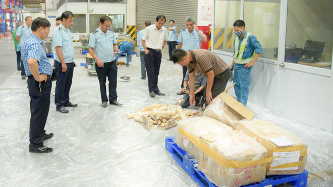 Lực lượng chức năng kiểm đếm tang vật bị thu giữ