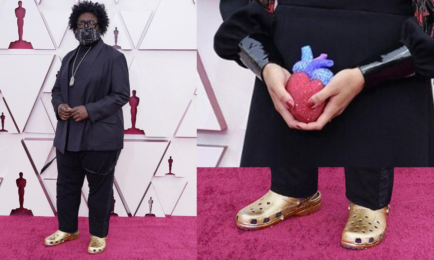 Questlove đi dép mạ vàng, Celeste Waite cầm clutch hình quả tim đỏ máu dự Oscar 2021 