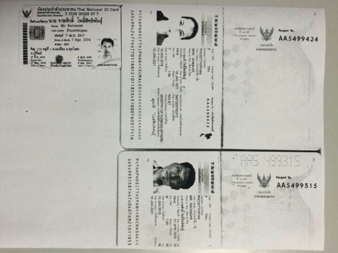 Ảnh chụp hộ chiếu của 2 vợ chồng người Thái định mang súng qua cửa khẩu sân bay Nội Bài. 
