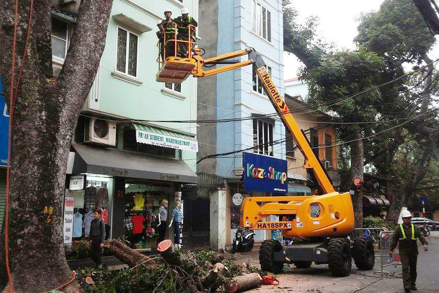 Xe cắt tỉa cây xanh trên các tuyến phố.
