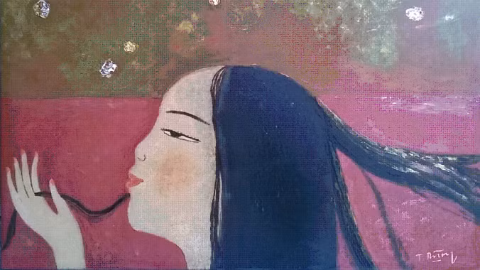Tác phẩm “Thiếu nữ dưới hoa” khổ 50x 70cm của Vũ Tuấn Dũng.