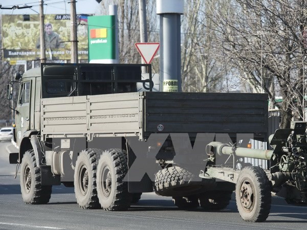 Lực lượng ly khai rút pháo khỏi giới tuyến với quân đội chính phủ ngày 7/3. (Nguồn: AFP/TTXVN)