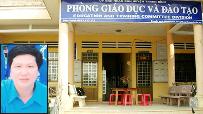 Tiên khai lại rằng mua axít để gây án từ một đồng nhiệp cũ (ảnh nhỏ) và Phòng Giáo dục - Đào tạo huyện Thanh Bình, nơi Tiên tạt axít Trưởng và Phó phòng