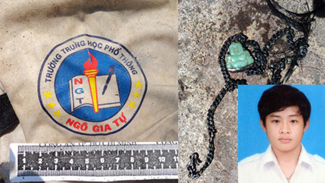Chiếc áo học sinh và sợi dây chuyền giúp gia đình nhận dạng thi thể con trai bị giết. Ảnh: Gia đình nạn nhân cung cấp