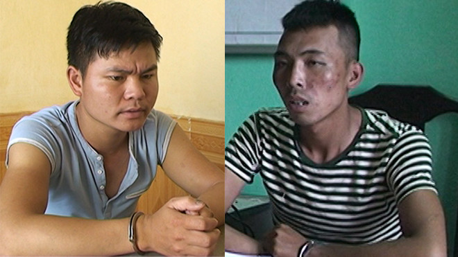Hai đối tượng Thành và Thanh (từ trái sang) tại cơ quan điều tra