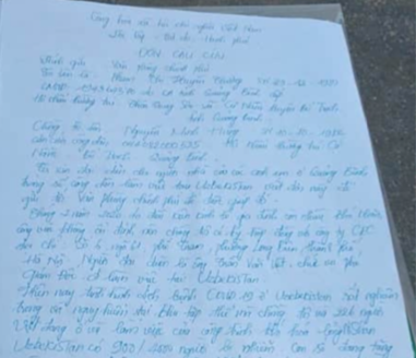 Một lá đơn cầu cứu của gia đình người lao động Việt Nam ở Uzbekistan gửi lên Chính phủ để yêu cầu được hỗ trợ