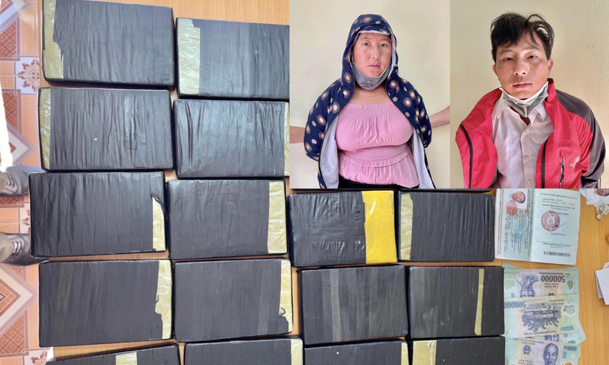 Số lượng lớn ma tuý thu giữ (ảnh lớn) và hai đối tượng (ảnh nhỏ).