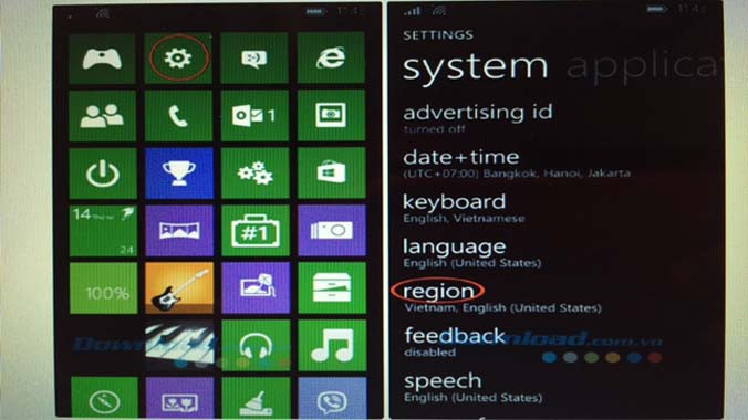 Đầu tiên truy cập vào biểu tượng hình bánh răng (Settings), chọn Region để chọn vùng.
