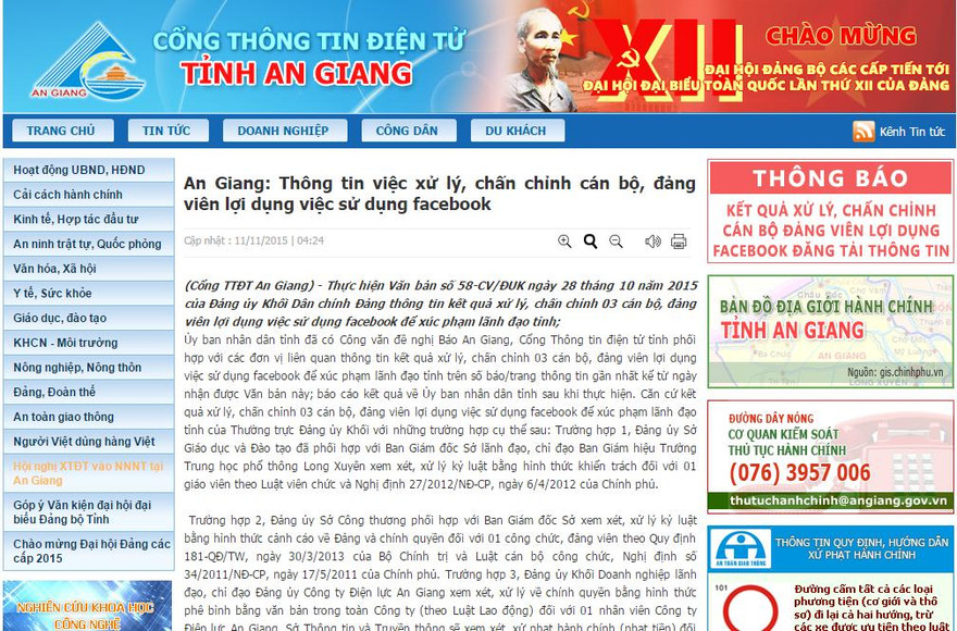 Chụp màn hình Cổng thông tin điện tử tỉnh An Giang thông tin vụ chủ tịch tỉnh bị chê trên Facebook.