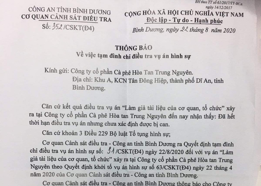 Cơ quan CSĐT CA tỉnh Bình Dương cho biết đã tạm đình chỉ vụ án. Ảnh: Tân Châu