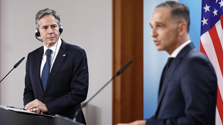 Ngoại trưởng Mỹ Antony Blinken (trái) và người đồng cấp Đức Heiko Mass trong cuộc họp báo chung ở Berlin. (Ảnh: AA) 
