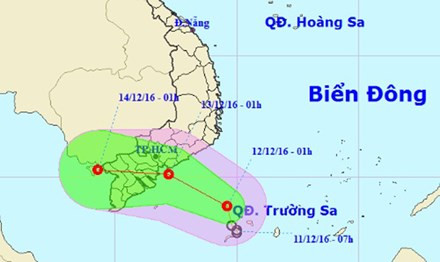Hướng đi chuyển của áp thấp nhiệt đới trên Biển Đông.