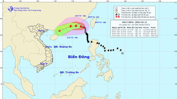 Dự báo đường đi và khu vực ảnh hưởng của bão số 2. Ảnh: Trung tâm Dự báo khí tượng thủy văn TƯ.