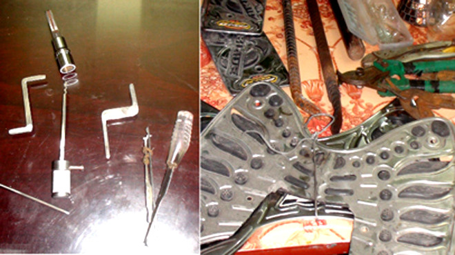 Dụng cụ trộm xe máy của anh em Hải. Ảnh: Giang Chinh