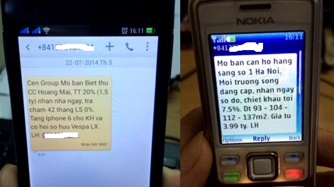 Tin nhắn qua điện thoại giới thiệu bán nhà đất mà nhiều người nhận được dù không có nhu cầu. Ảnh: Minh Thư 