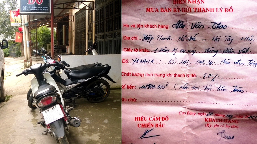 Xe tang vật tại hiệu cầm đồ Chiến Bắc và giấy tờ xác nhận tại tiệm cầm đồ