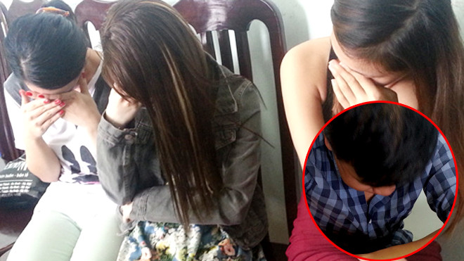 Vân Anh (bên trái) cùng 2 cô bạn tại trụ sở công an và Nghiêm Quang Đạo (ảnh nhỏ)