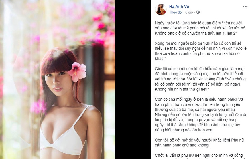 Hà Anh tuyên bố sẽ bỏ liền, bỏ ngay nếu chồng phản bội.