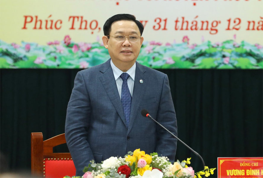 Bí thư Thành ủy Hà Nội Vương Đình Huệ phát biểu tại buổi làm việc