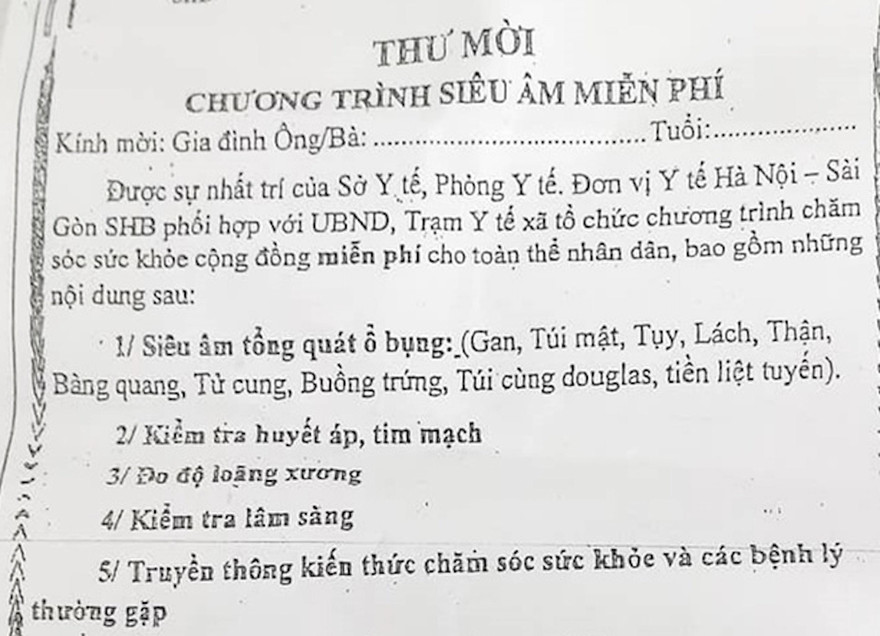 Thư mời khám sức khoẻ của đơn vị Y tế Hà Nội - Sài Gòn SHB