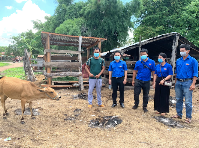 Phó Bí thư Tỉnh đoàn Gia Lai Đỗ Duy Nam (thứ hai từ trái qua) tặng bò giống cho thanh niên nghèo xã Ia Pia, huyện Chư Prông