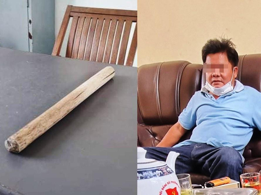 Ông Nguyễn Văn Xuân, người tham gia đánh ông Phạm Trọng Nghị, bên cạnh là thanh gậy gỗ gây án. Ảnh: Công an cung cấp