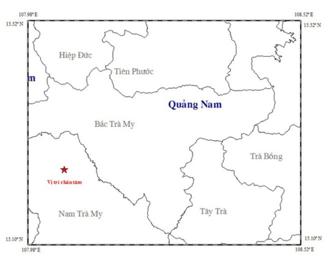 Tâm chấn trận động đất ngày 26/2/2017 mạnh 3,9 độ richter ở khu vực thủy điện Sông Tranh 2.