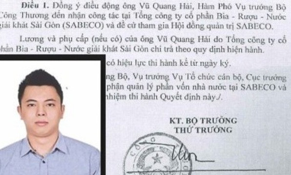 Ông Vũ Quang Hải và quyết định điều động về làm thành viên HĐQT đại diện cho cổ phần nhà nước, đồng thời kiêm chức Phó tổng giám đốc Tổng Cty Bia rượu, nước giải khát Sài Gòn (Sabeco) hồi đầu năm 2015. 