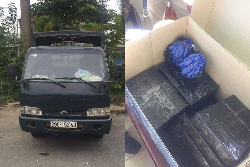 Chiếc xe tải cùng số ma túy bị thu giữ.