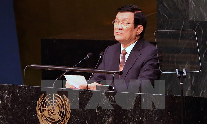 Chủ tịch nước Trương Tấn Sang phát biểu tại Hội nghị Thượng đỉnh Liên hiệp quốc. (Ảnh: Nguyễn Khang/TTXVN)