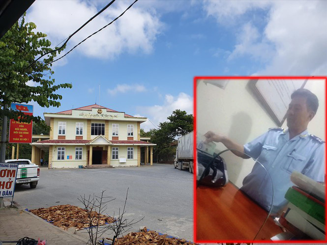 Cửa khẩu quốc tế Tây Trang (ảnh lớn) và hình ảnh ông Huyền nhận tiền luật (ảnh nhỏ, cắt từ clip)