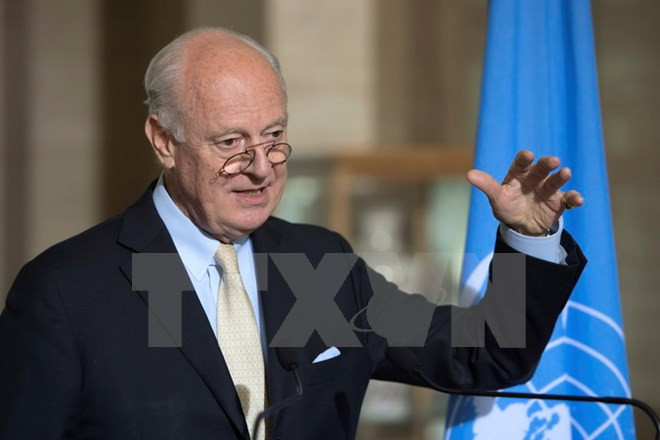 Đặc phái viên Liên hợp quốc, ông Staffan de Mistura, phát biểu tại trụ sở Liên minh châu Âu ở Geneva (Thụy Sỹ) ngày 26/5. (Nguồn: EPA/TTXVN)