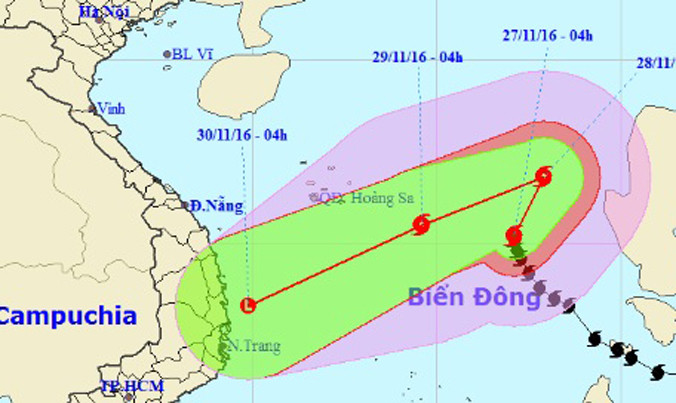 Hướng đi của bão số 9 theo dự báo của Trung tâm dự báo khí tượng thủy văn Trung ương. Ảnh: NCHMF.