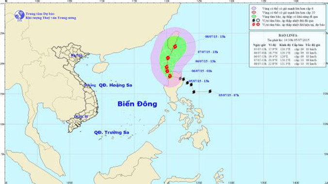 Dự báo đường đi và khu vực ảnh hưởng của bão LINFA. Ảnh: Trung tâm Dự báo khí tượng thủy văn TƯ.