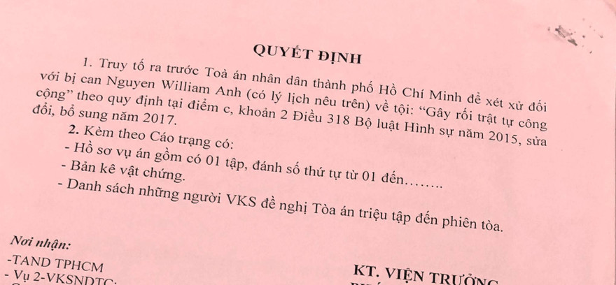 William Nguyen bị truy cứu hành vi "Gây rối trật tự công cộng". Ảnh Xuân Hoàng