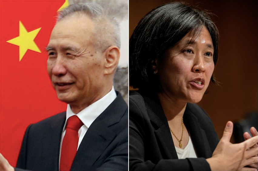 Phó Thủ tướng Trung Quốc Lưu Hạc (trái) và Đại diện Thương mại Mỹ Katherine Tai. (Ảnh: Reutes)