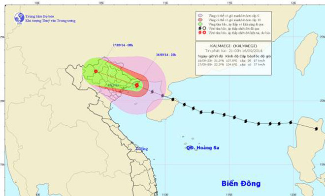 Đường đi và vị trí cơn bão lúc 20h ngày 16/9. Nguồn: Trung tâm Dự báo Khí tượng thuỷ văn Trung ương.