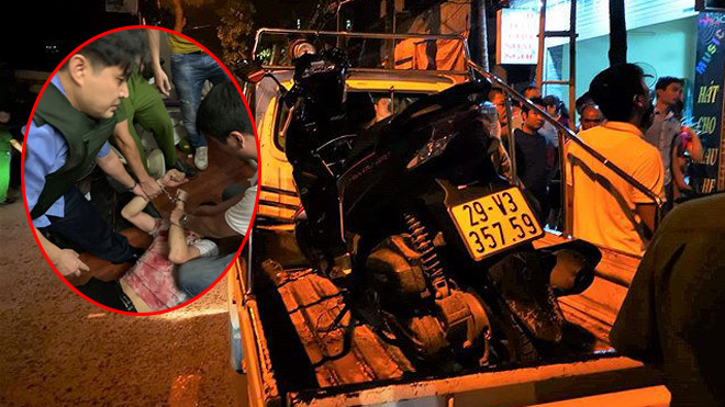 Chiếc Air Blade nghi phạm định cướp tại hiện trường và nghi can.