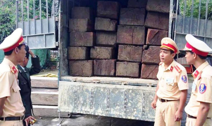 Kiểm tra, bàn giao toàn bộ lô gỗ lậu cho cơ quan kiểm lâm tiếp tục xác minh, xử lý. Ảnh: T.Bình.