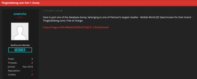 Thế giới di động cho hay, nguồn gốc của thông tin này xuất phát từ một thành viên có nicknam erwincho trên diễn đàn RaidForums đã đăng tải tài liệu nói là của hơn 5 triệu khách hàng Thế Giới Di Động