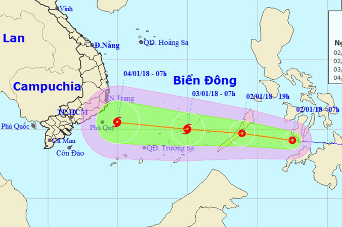Vị trí và hướng di chuyển của áp thấp nhiệt đới. Ảnh: NCHMF.