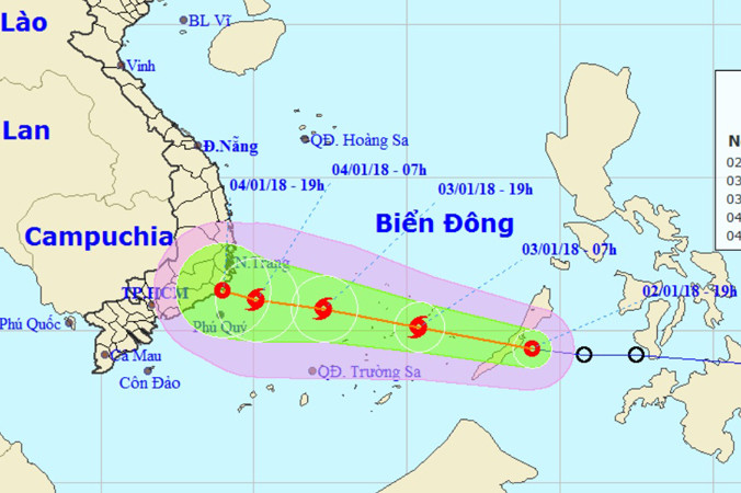 Vị trí và hướng di chuyển của áp thấp nhiệt đới. Ảnh: NCHMF.