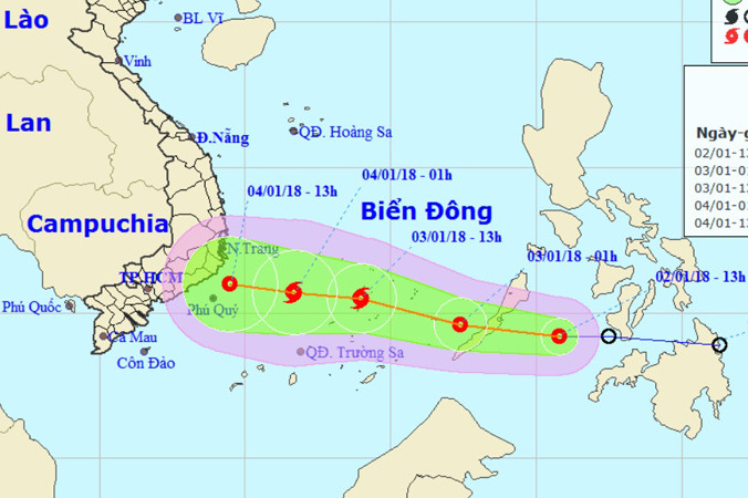 Vị trí và hướng di chuyển của áp thấp nhiệt đới. Ảnh: NCHMF.