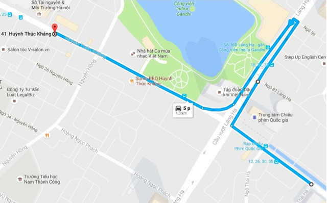 Từ ngày 5-15/12, các phương tiên có nhu cầu đi từ Thái Hà - Huỳnh Thúc Kháng theo hướng Thái Hà - Láng Hạ - đến điểm quay đầu Thành Công - Huỳnh Thúc Kháng (hướng đường màu xanh)