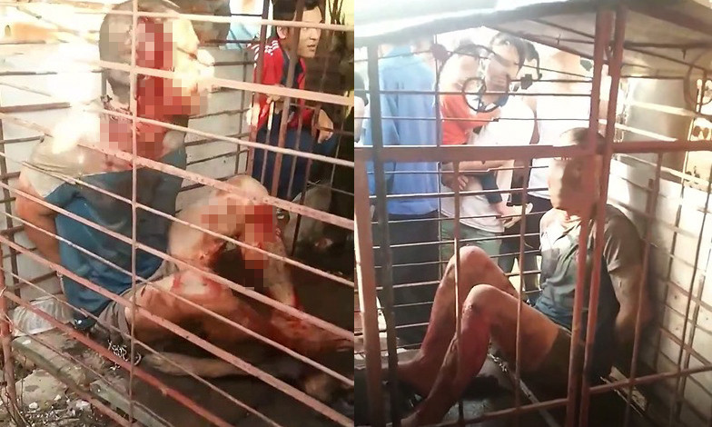 Người đàn ông bị đánh và nhốt vào lồng cùng một con chó (đã chết) - Ảnh cắt từ clip