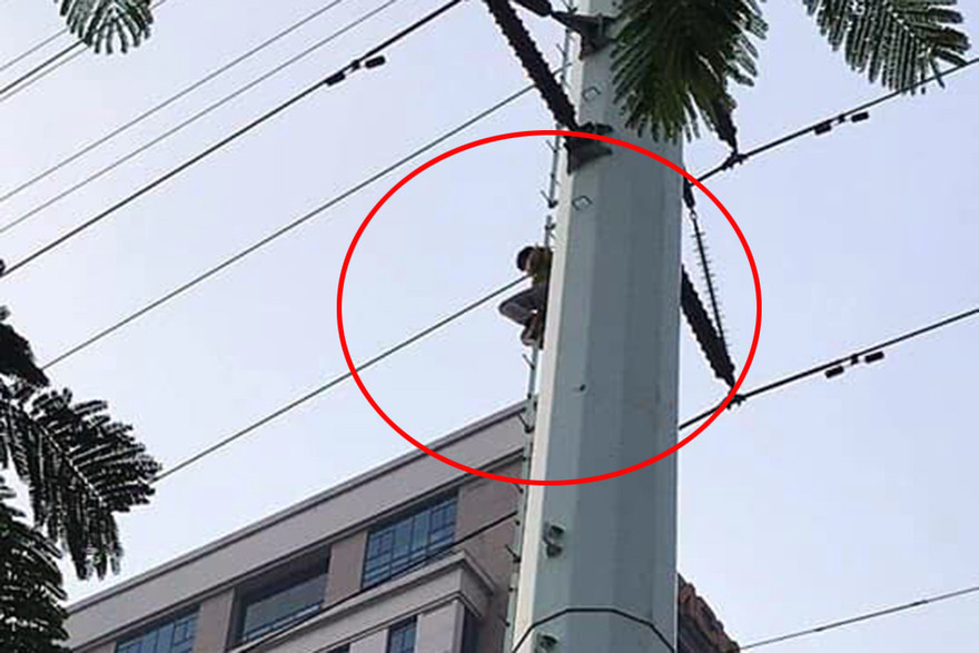 Hình ảnh nam thanh niên ngồi vắt vẻo trên cột điện cao thế.