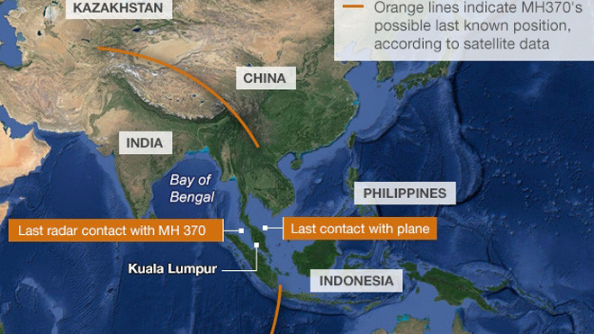 Máy bay mất tích có thể ở bất kỳ đâu trong hai khu vực vòng cung rộng lớn